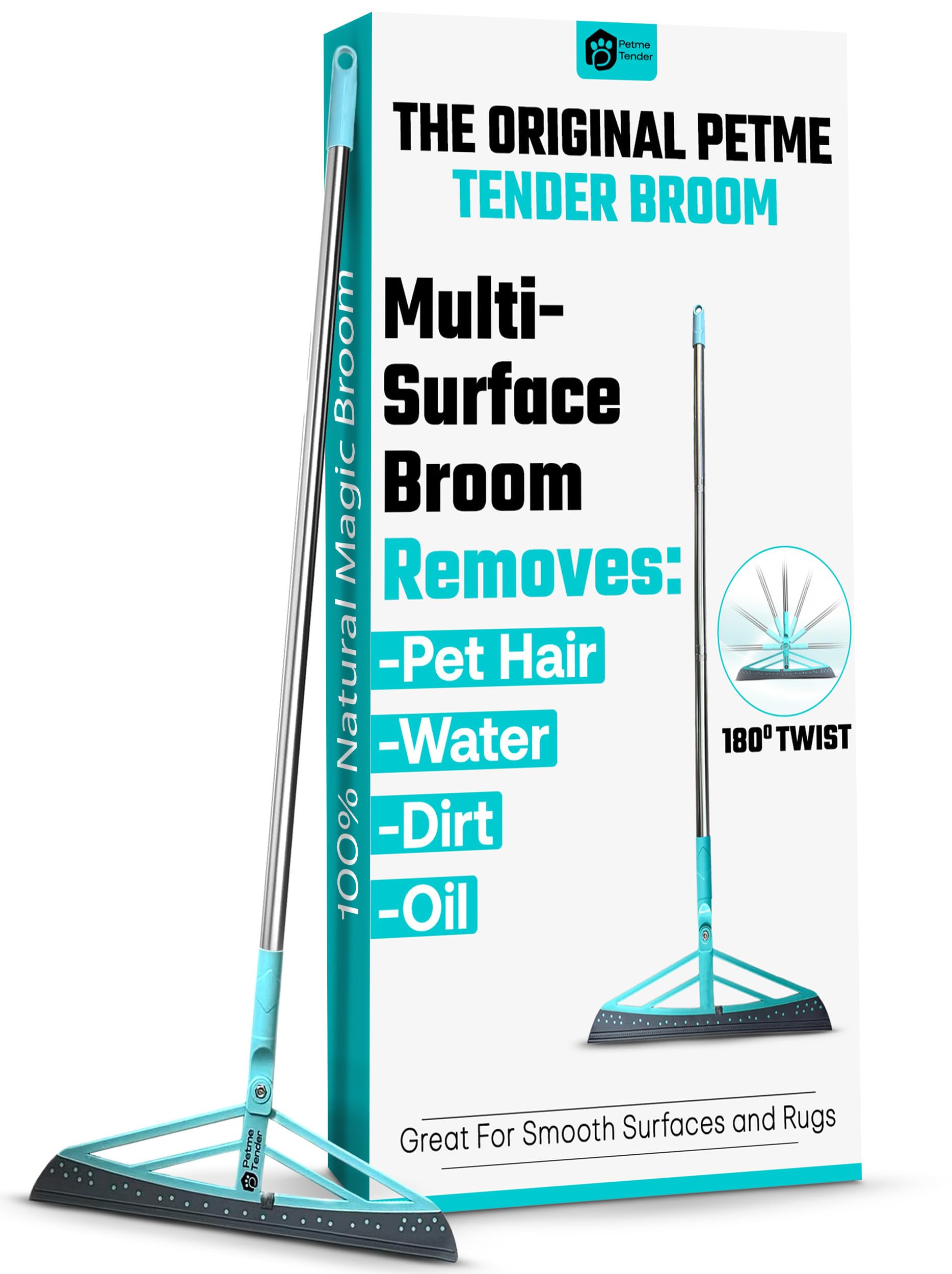 Petme Tender Magic Broom Squeegee Dog Pet Hair Remover, Rotatable, Extendable - Silicone Broom Pet Hair Remover for All-Surfaces Hardwood Floors, Rugs, Tile, Glass, Liquid-Dirt with 50" Handle