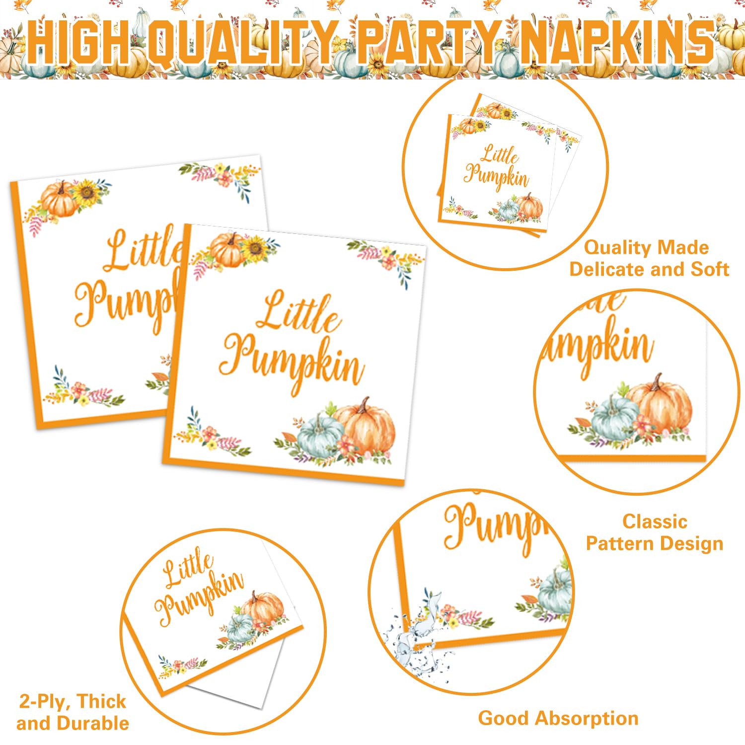 170PCS Little Pumpkin Baby Shower Decorations Plates, Cups, Napkins, Banner, Tablecloth and Cutlery for Fall A Little Pumpkin is On The Way Baby Shower, Serves 24