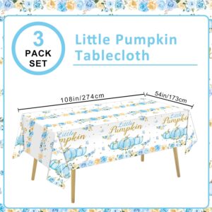 LINHAXM 3 Pack Blue Little Pumpkin Baby Shower Tablecloths - Fall Pumpkin Floral Plastic Table Cover for Baby Boy Shower Gender Reveal Decorations, 54 x 108 Inch