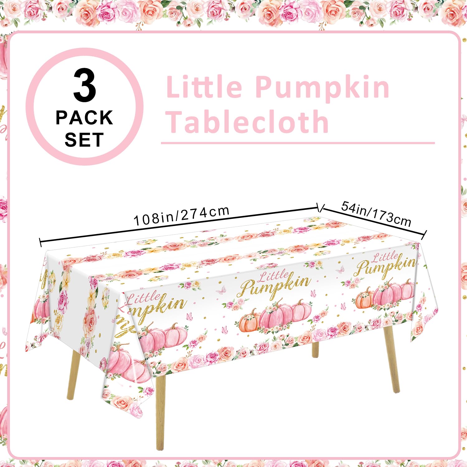 LINHAXM 3 Pack Pink Little Pumpkin Baby Shower Tablecloths - Fall Pumpkin Floral Plastic Table Cover for Baby Girl Shower Gender Reveal Decorations, 54 x 108 Inch