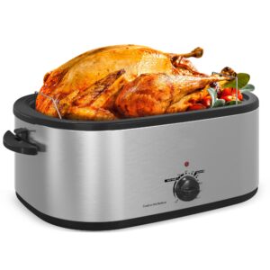 roaster oven 28 quart, electric roaster pan with visible & self-basting lid, large stainless steel electric turkey roaster oven defrost warm function, removable pan rack, fits turkeys up to 30lb