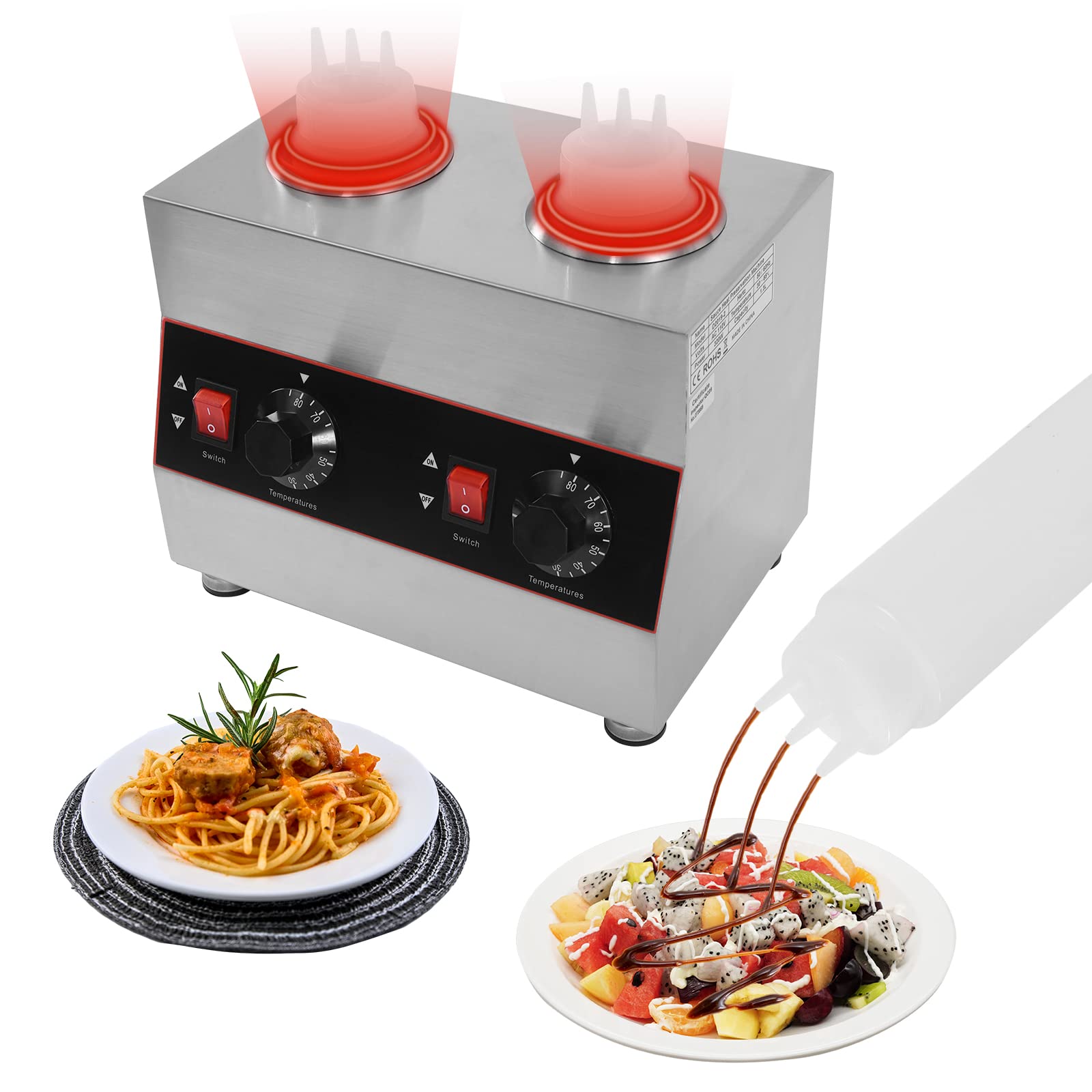 AreMOLO Electric Sauce Warmer, 320W Hot Fudge Warmer Dispenser Cheese Sauce Dispenser Warmer with 2 Squeeze Bottles, Chocolate Sauce Warmer Jam Heat Preservation Machine, Single Bottle 0.14Gal