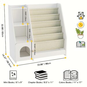 Montessori Kids Bookshelf, 5 Sling Baby Bookcase, 4 Tier Display Shelves, Wooden Book Rack, Toddler Toy Storage Organizer Cabinet, Floor Children Bookshelf Nursery Playroom Bedroom Library, White