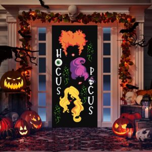 halloween door cover, halloween hocus pocus halloween three sisters door cover, halloween party decoration front door logo banner indoor and outdoor halloween supplies (29.5x71 inches