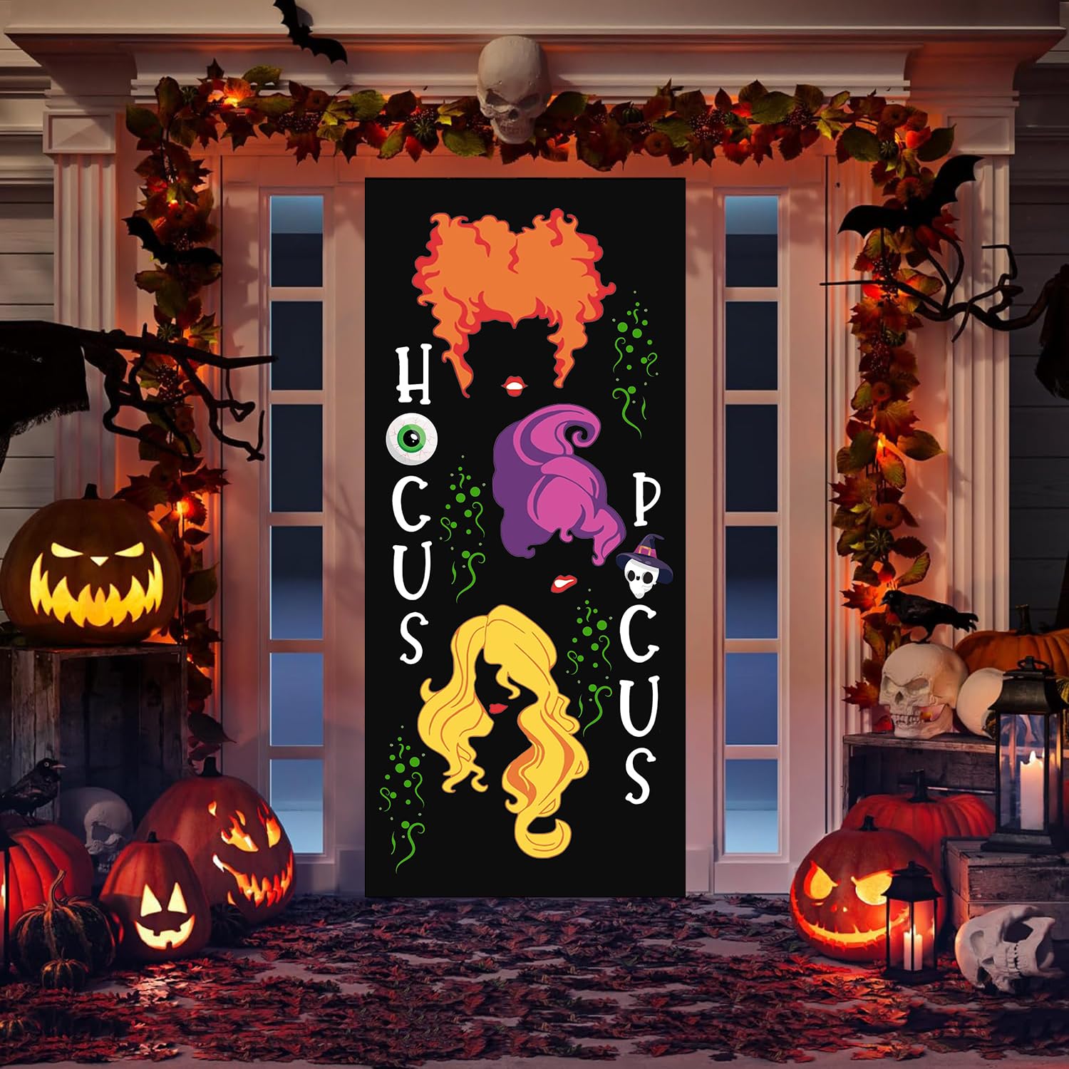 Halloween door cover, Halloween Hocus Pocus Halloween Three sisters door cover, Halloween party decoration front door logo banner indoor and outdoor Halloween supplies (29.5x71 inches