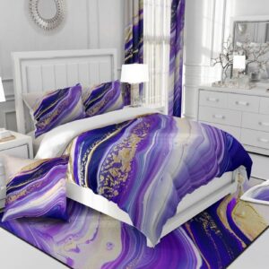 Erosebridal White and Purple Marbling Bedding Set Abstract Ombre Comforter Cover Golden Gradient Tie Dye Duvet Cover King,Iridescent Ink Fluid Art Marble Home Decor