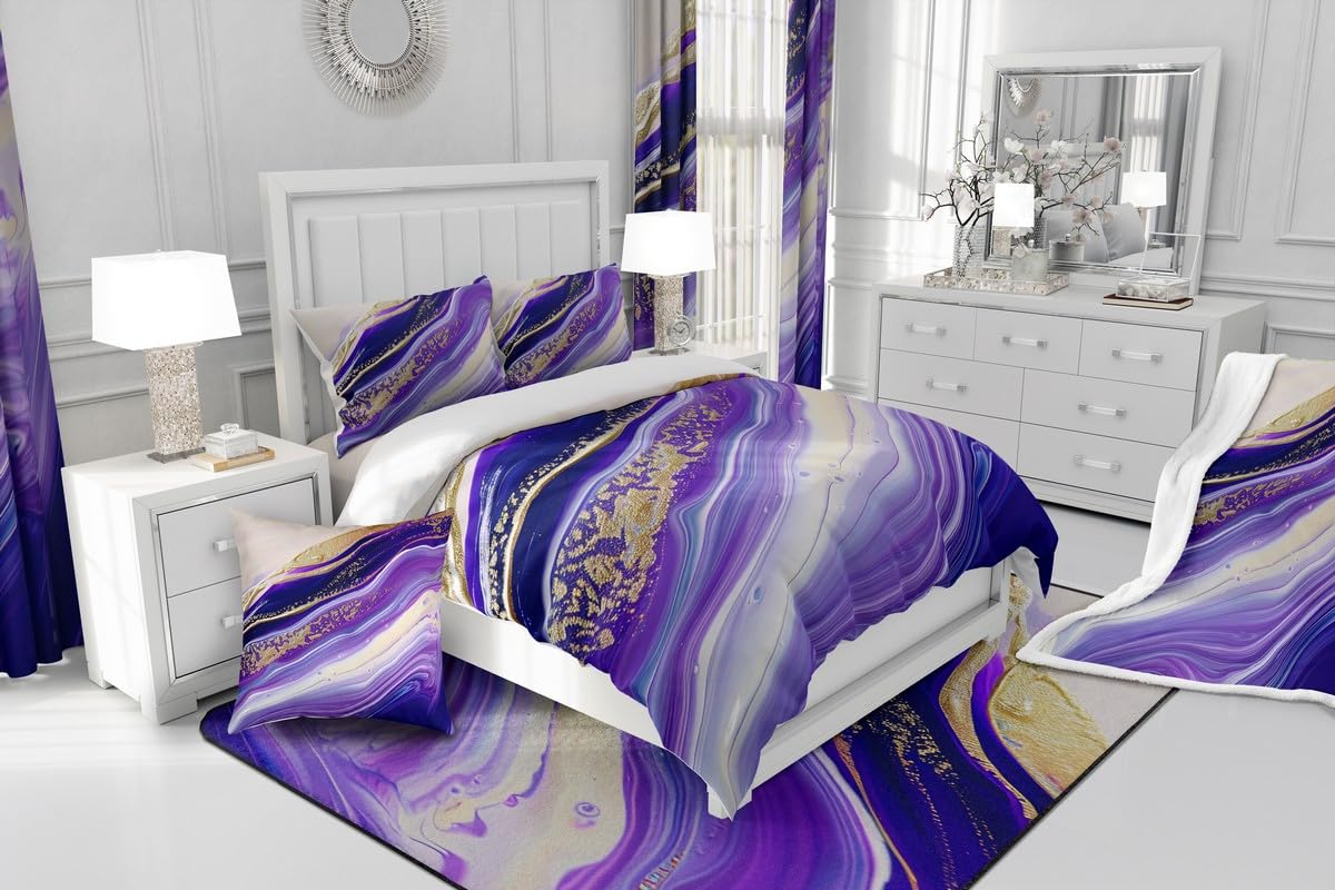 Erosebridal White and Purple Marbling Bedding Set Abstract Ombre Comforter Cover Golden Gradient Tie Dye Duvet Cover King,Iridescent Ink Fluid Art Marble Home Decor