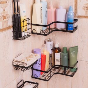 Corner Shower Caddy Adhesive 5-Pack - Black Shower Organizer with 16 Hooks | No-Drill, wall-mounted, Rustproof Storage Baskets for Bathroom, Large Capacity Shower Caddy, hanging shower caddy