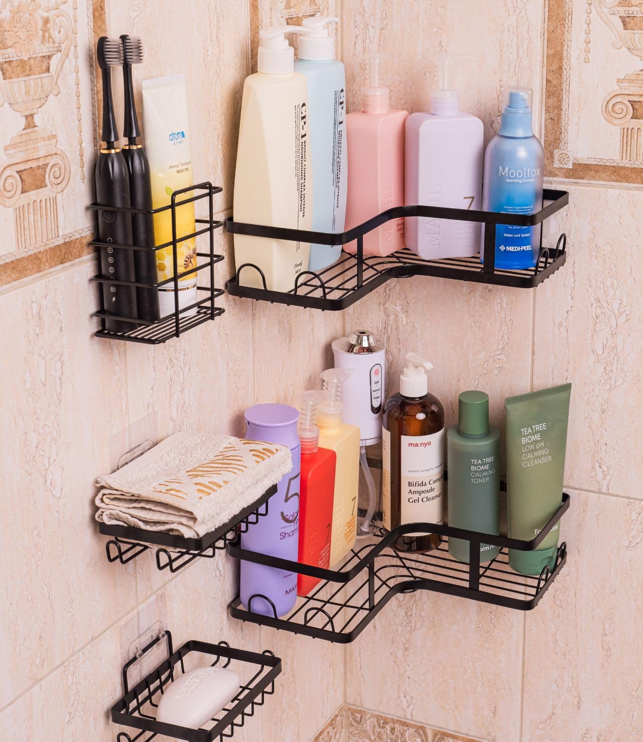 Corner Shower Caddy Adhesive 5-Pack - Black Shower Organizer with 16 Hooks | No-Drill, wall-mounted, Rustproof Storage Baskets for Bathroom, Large Capacity Shower Caddy, hanging shower caddy