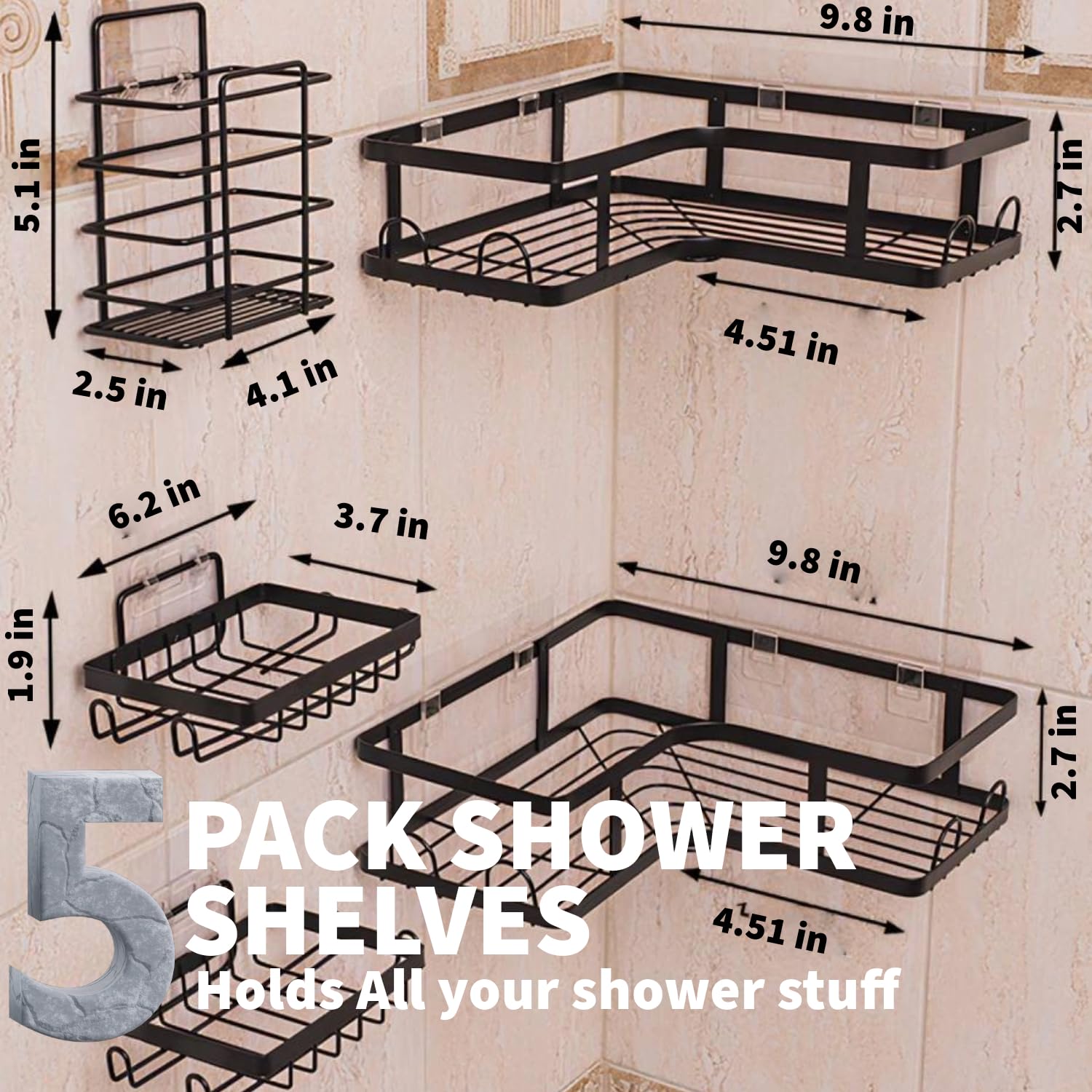 Corner Shower Caddy Adhesive 5-Pack - Black Shower Organizer with 16 Hooks | No-Drill, wall-mounted, Rustproof Storage Baskets for Bathroom, Large Capacity Shower Caddy, hanging shower caddy