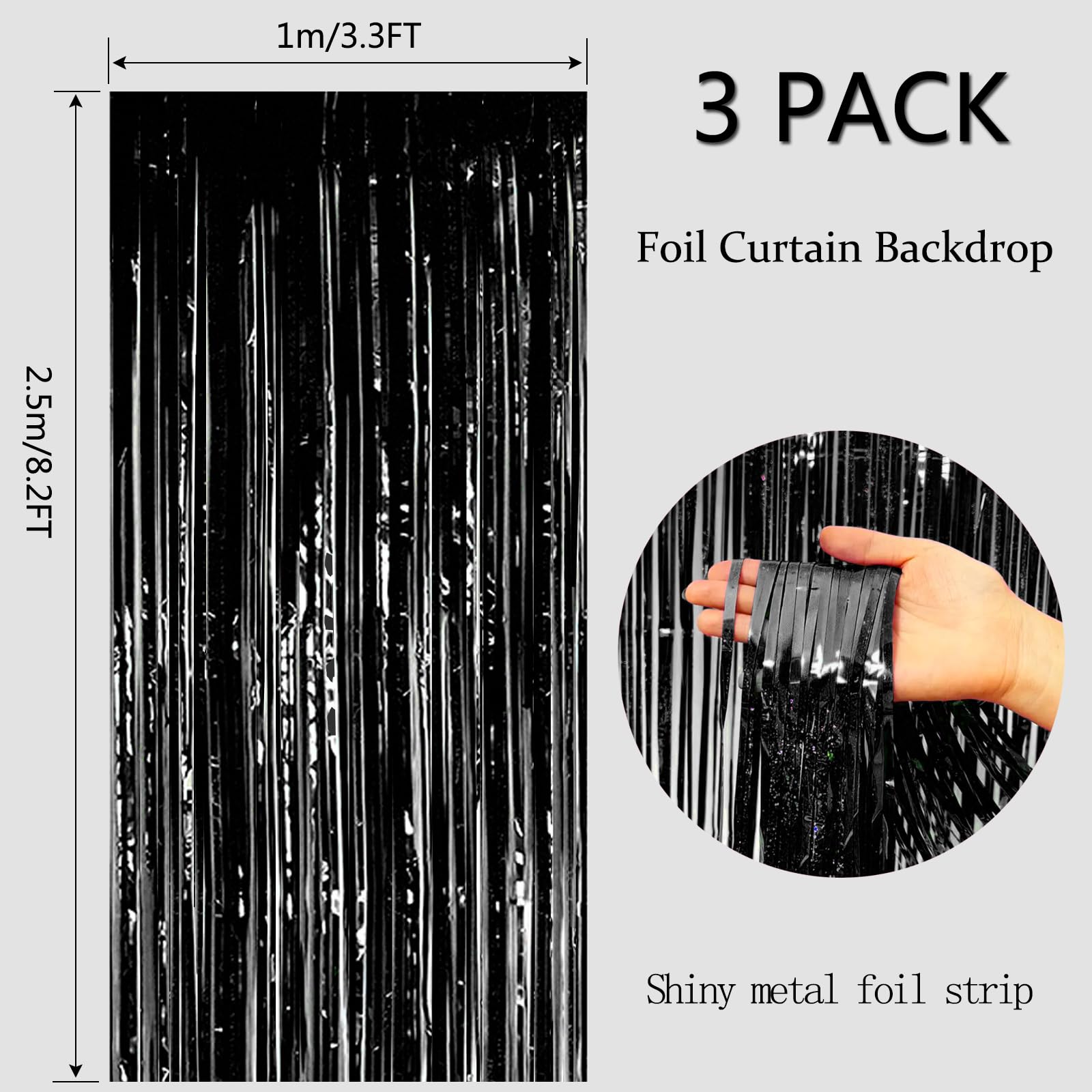 3 Pack 3.3x8.2 Feet Foil Fringe Curtains, Black Tinsel Streamers Backdrop Curtains for Birthday Party Decorations Photo Booth Props Baby Shower Bachelorette Graduation Engagement Gender Reveal