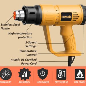 COWALT Heat Gun 1800W Fast Heating for Vinyl Wrap, Crafting, Shrink Tubing, Paint, Epoxy Resin, Candle Making Variable, Adjustable Temperature, Overload Protection Hot Air Gun Kit Nozzles, Scraper