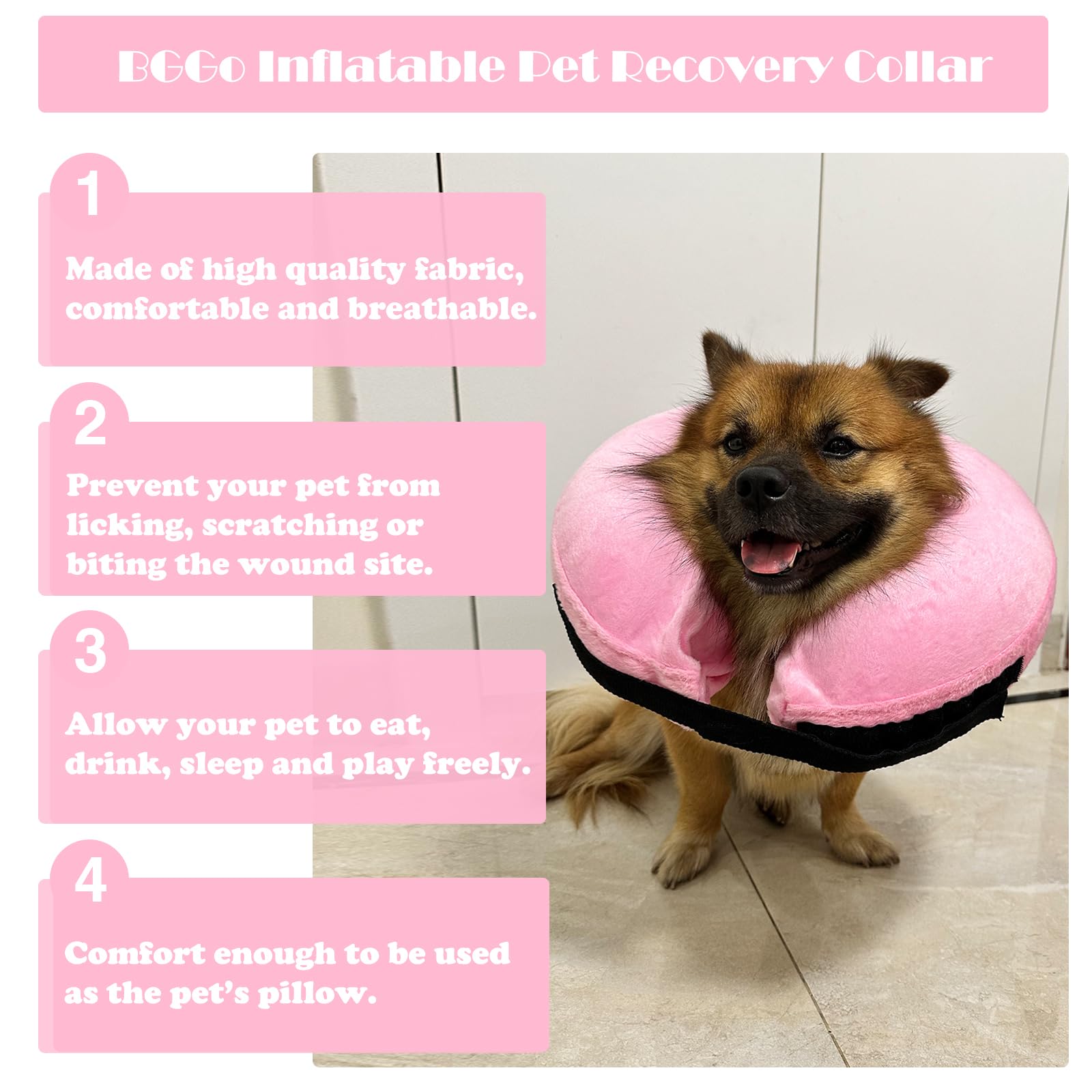 BGGo Inflatable Dog Cone Collar for Dogs After Surgery, Self-Inflating Soft Adjustable Blow up Donut Dog E-Collar for Medium Large Dog and Cats