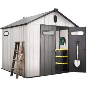 econohome 8x8 ft outdoor storage shed with floor - waterproof shed with lockable door for garden - backyard, tool storage use - grey