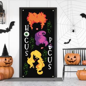 Halloween door cover, Halloween Hocus Pocus Halloween Three sisters door cover, Halloween party decoration front door logo banner indoor and outdoor Halloween supplies (29.5x71 inches