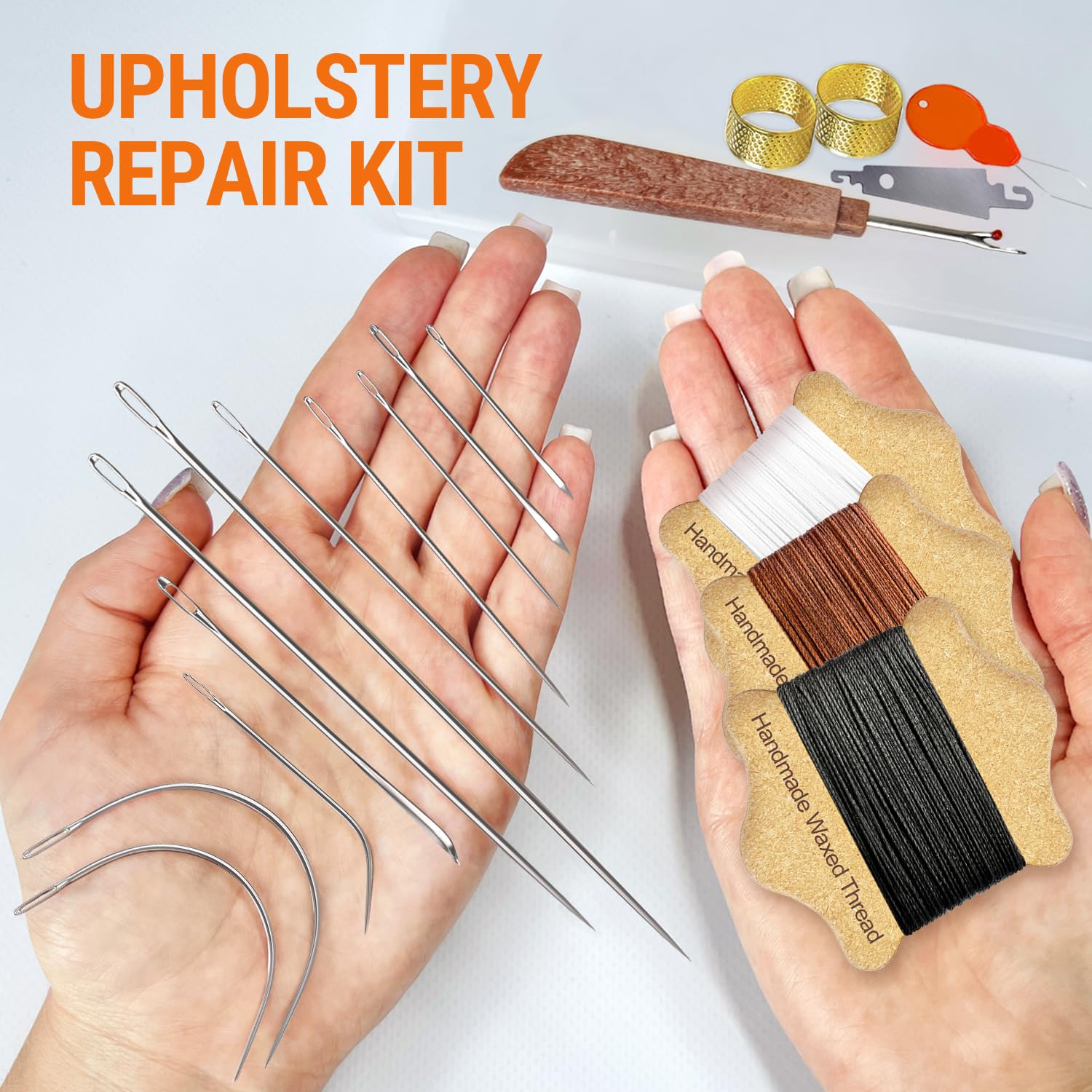 VONEEDL Upholstery Repair Kit: Waxed Sewing Thread (3 Colors) & Heavy Duty Needles (11 PCS) for Leather, Canvas & More