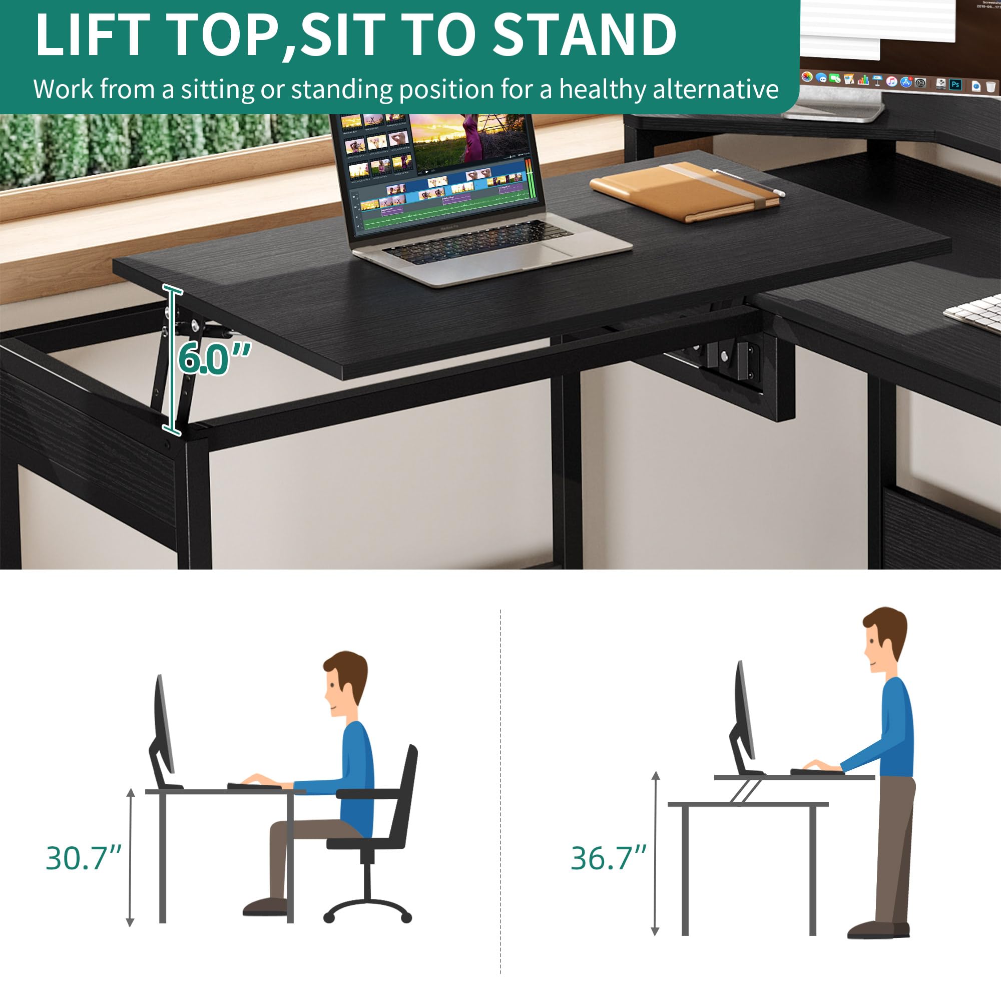 YITAHOME L Shaped Desk with Lift Top, 65" Adjustable Standing Desk with File Drawer, Corner Computer Desk with Storage Shelves,Home Office Desk, Black