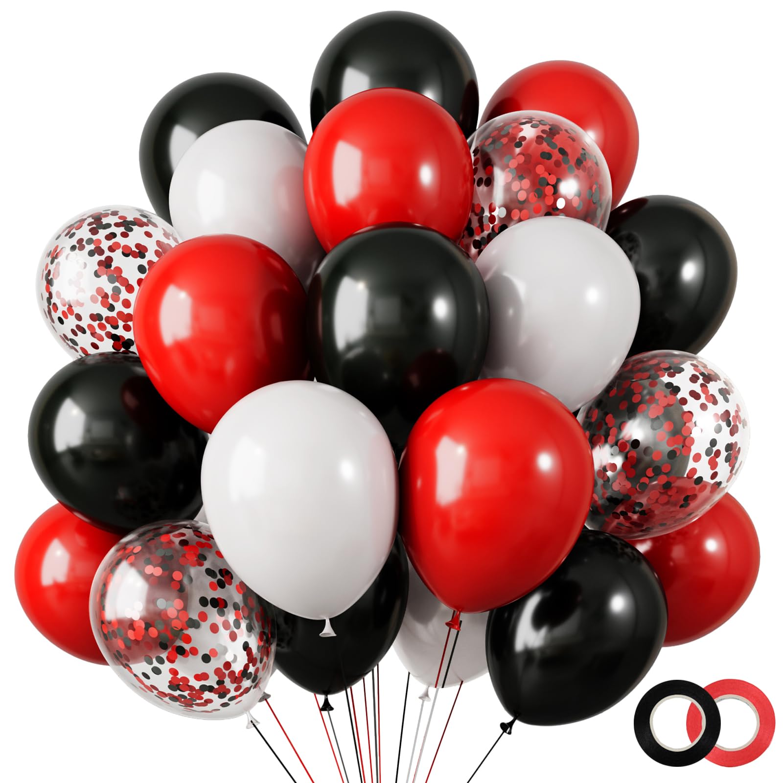 RUBFAC 80Pcs 12 Inches, Red Black White Balloons Kit Party Balloons with Ribbons forfor Birthday, Wedding, Baby Shower, Graduation Decorations