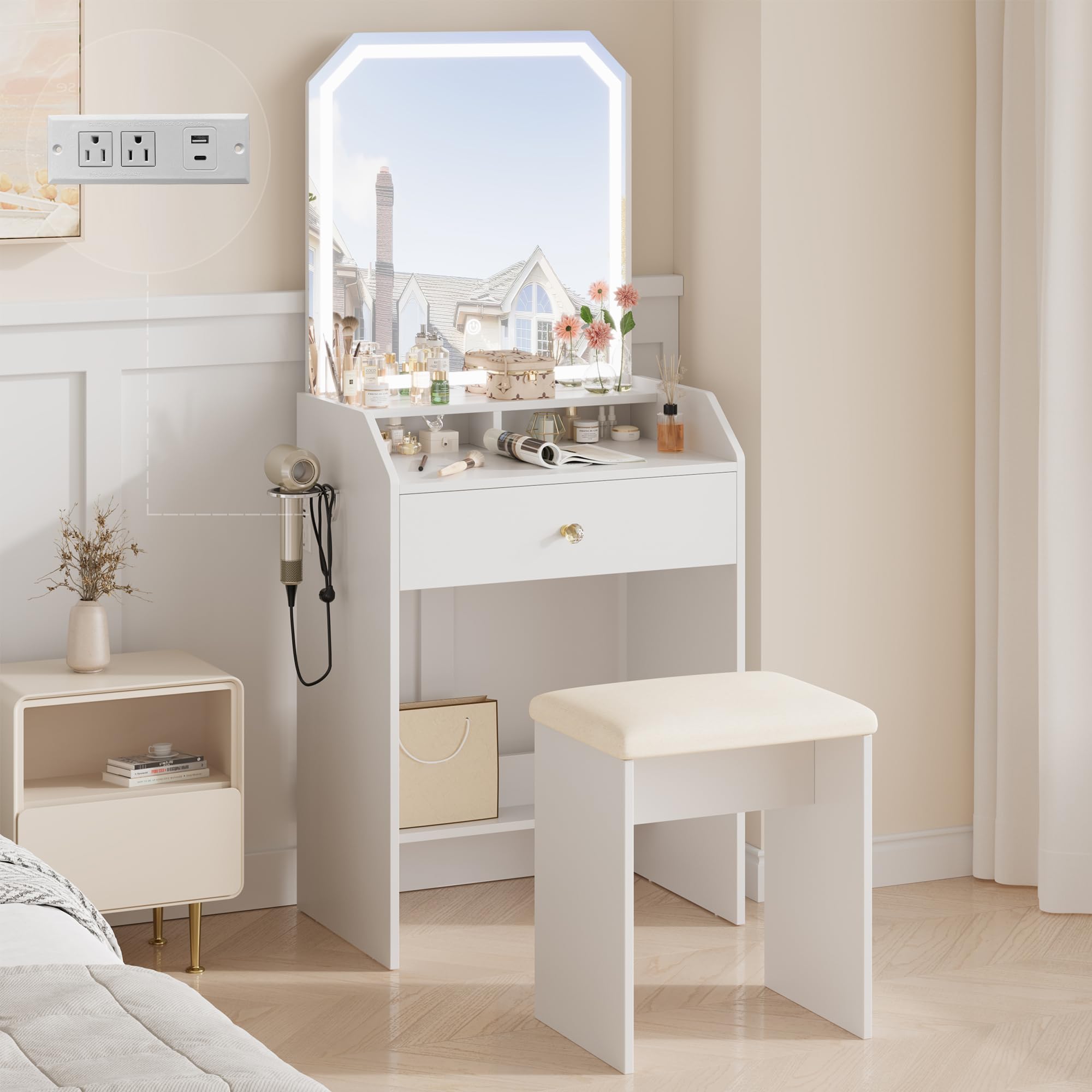 Small Makeup Vanity Desk with Mirror and LED Lights, White Little Girls Vanity Table with Drawer and Cushioned Stool Set Kids Dressing Table Set for Bedroom 3 Color Lighting with Adjustable Brightness