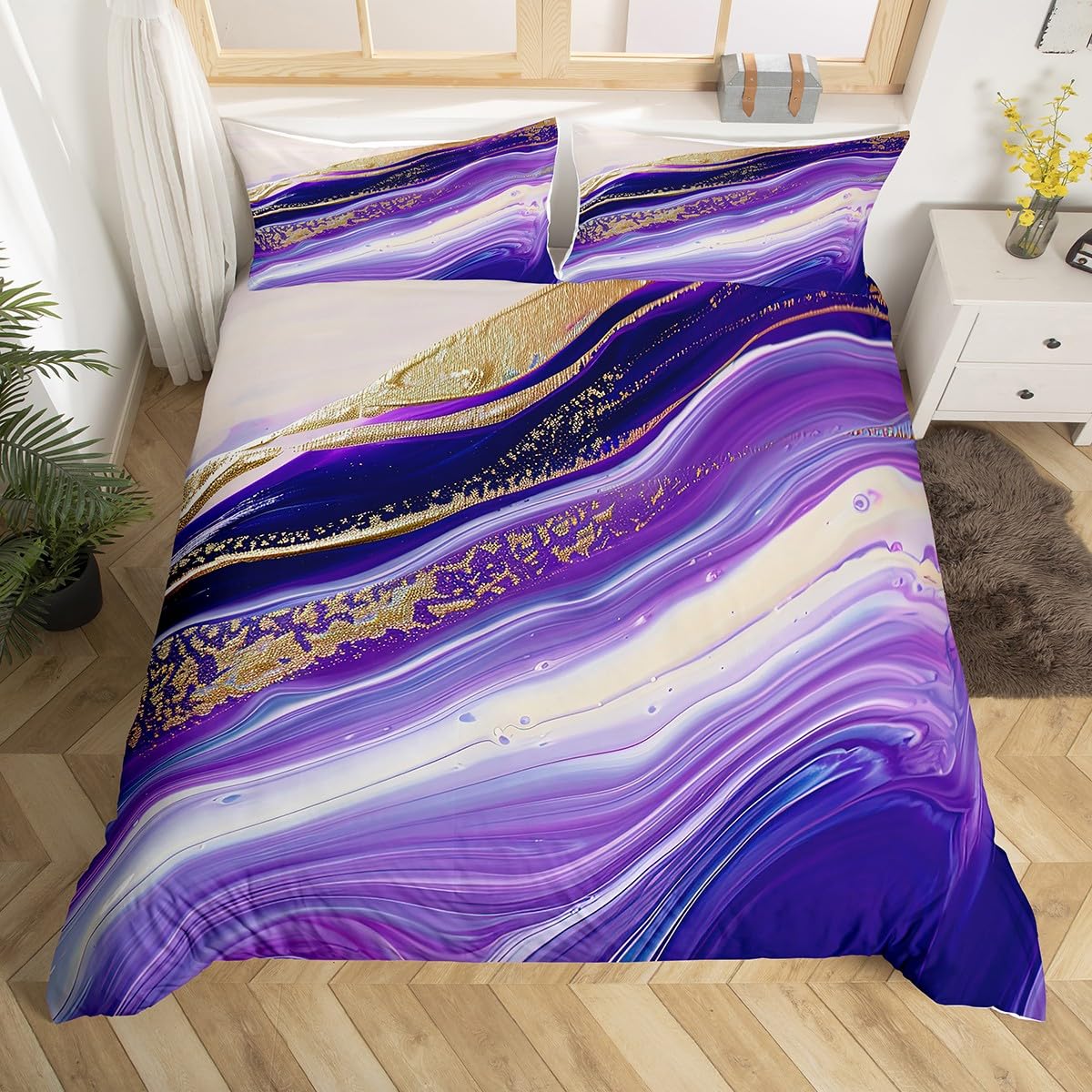 Erosebridal White and Purple Marbling Bedding Set Abstract Ombre Comforter Cover Golden Gradient Tie Dye Duvet Cover King,Iridescent Ink Fluid Art Marble Home Decor