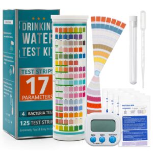 125+8p drinking water testing kit for home, anglekai water testing kit with 125p testing strips/ 4p bacteria tests/tube/dropper/timer/instruction, well water test kit for home water quality test