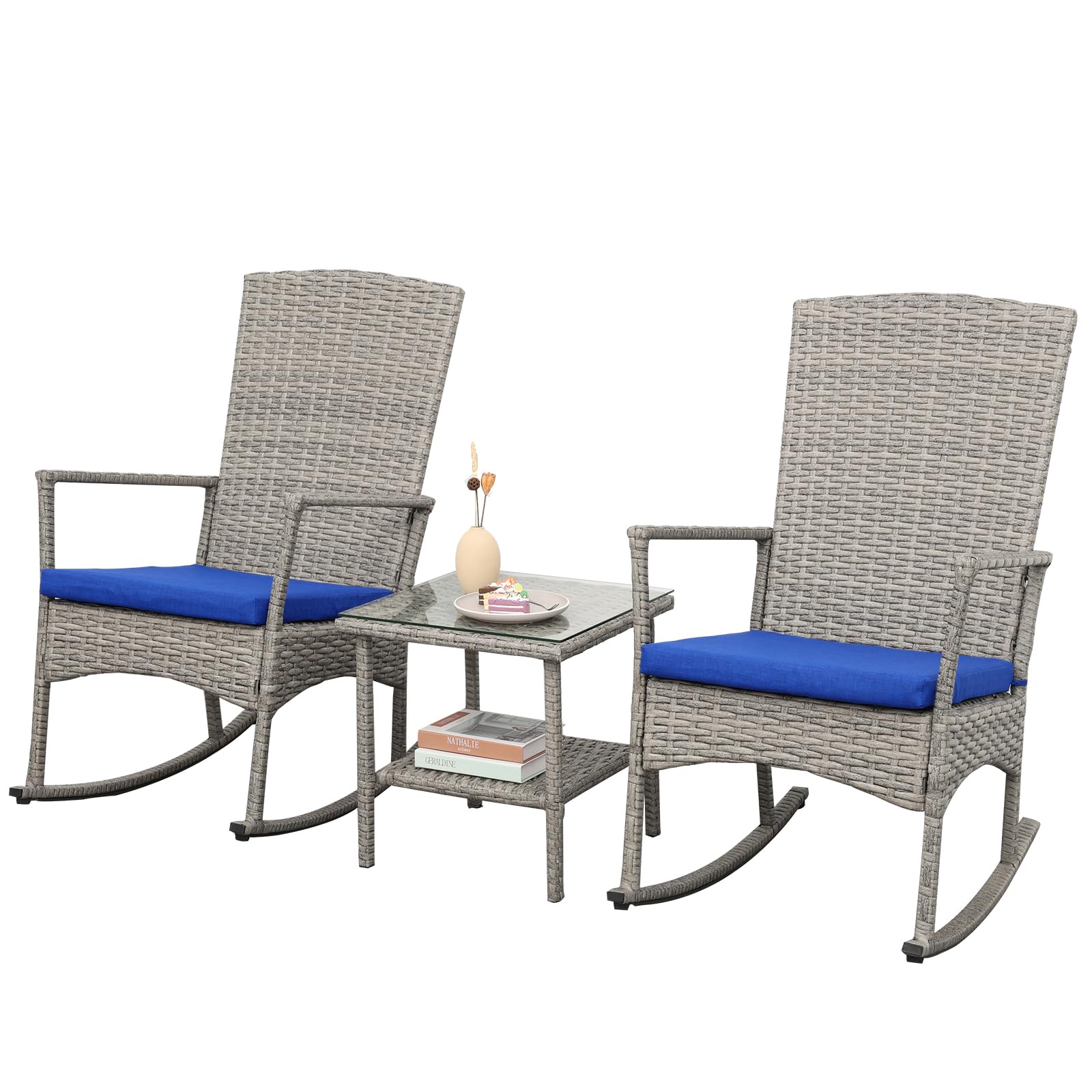 Rocking Chair Outdoor 3 Pieces High-Backed Patio Rocking Chairs Bistro Table and Chairs Set of 2 Outdoor Table and Chairs Anti-Slip Cushions, Dark Blue