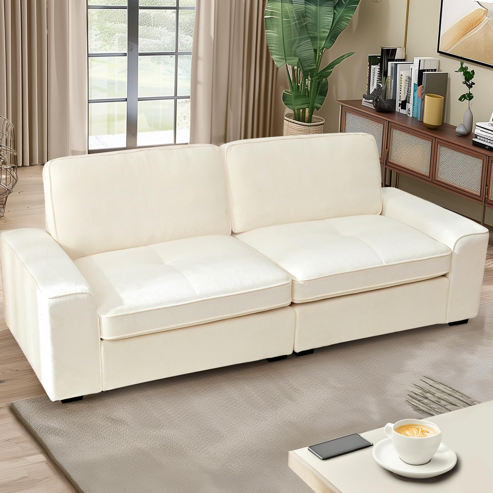 HALLYBEE 88.6" White Couch, Modern Sofa for Living Room, Comfy Couch with 2 Extra Deep Seat Removable Sofa Cushion, Cream Couch for Apartment, Chenille