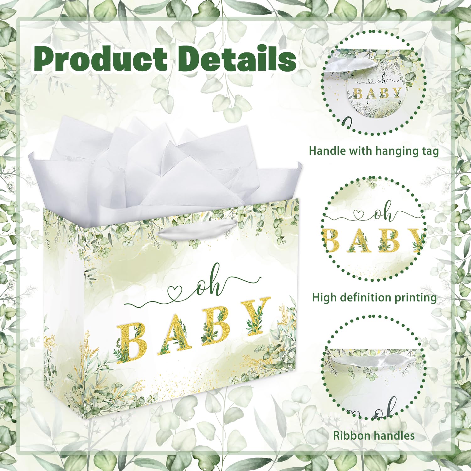 Mpanwen 16" Large Sage Green Baby Gift Bag, Baby Gift Bag for Girl Boy with Tissue Papers and Card