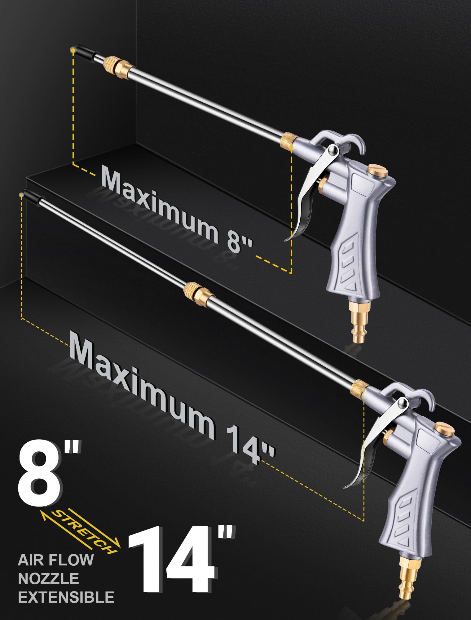 JASTIND Industrial Air Blow Gun with Brass Adjustable Air Nozzle, 8-14 Inch Extension with 2 Steel Air Flow Nozzle, High Volume Air Tool Dust Blower Gun for Air Compressor Attachments