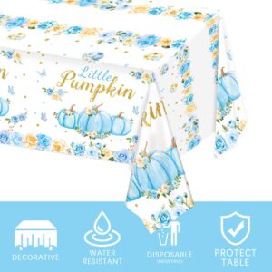 LINHAXM 3 Pack Blue Little Pumpkin Baby Shower Tablecloths - Fall Pumpkin Floral Plastic Table Cover for Baby Boy Shower Gender Reveal Decorations, 54 x 108 Inch