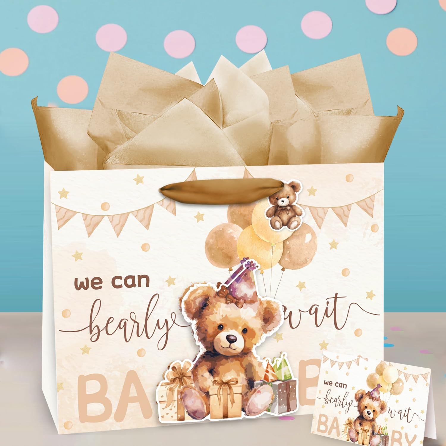 16" Large Baby Boy Girl Gift Bag, 3D Making Bear Baby Gift Bag with Handle, Tissue Paper and Greeting Card