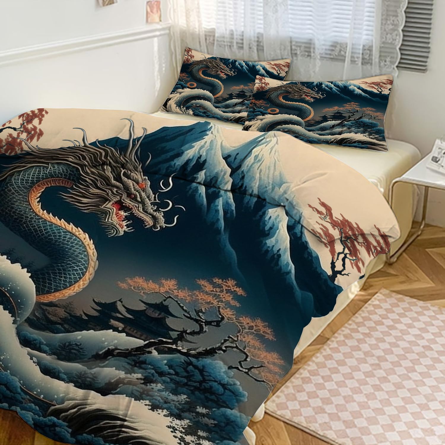 MSSHUKYTT Vintage Japanese Mount Fuji Duvet Cover Set 3 Piece Queen Size,Cool Dragon Nature Landscape Japan Great Wave Cabin Duvet Cover 2 Pillowcases(No Insert)