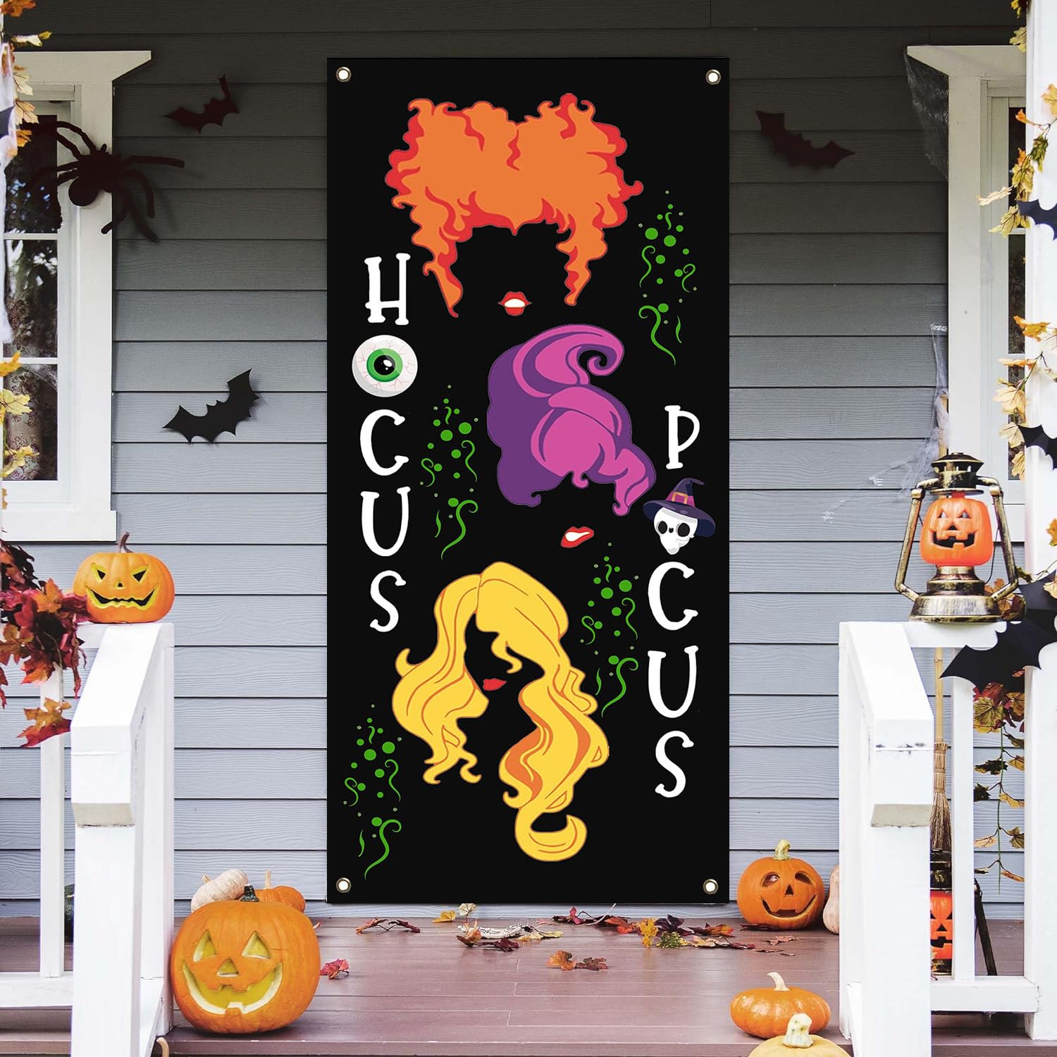 Halloween door cover, Halloween Hocus Pocus Halloween Three sisters door cover, Halloween party decoration front door logo banner indoor and outdoor Halloween supplies (29.5x71 inches