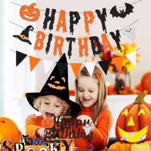 Glitter Halloween Birthday Banner Party Decorations Fall Pumpkin Happy Birthday Banner with Fall Halloween Birthday Cake Toppers for Hocus Pocus Halloween Fall Birthday Decorations Supplies