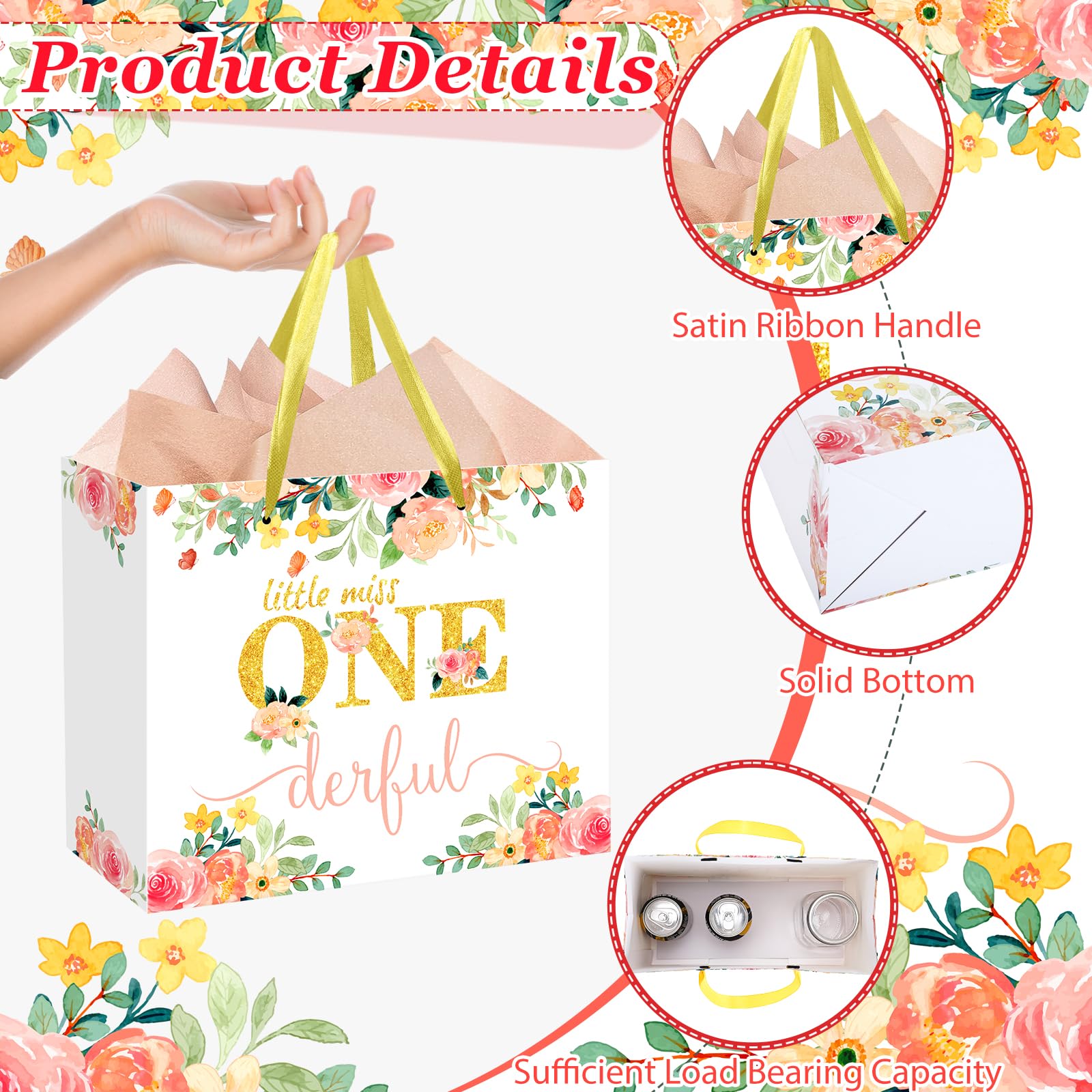 Baby Girl 1st Birthday Gift Bag Little Miss Onederful Gift Bag with Greeting Card and Tissue Papers Floral One Birthday Wrapping Paper Bag for Girls Newborn Baby Shower Christmas First Birthday Party