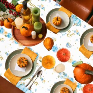 LINHAXM 3 Pack Blue Little Pumpkin Baby Shower Tablecloths - Fall Pumpkin Floral Plastic Table Cover for Baby Boy Shower Gender Reveal Decorations, 54 x 108 Inch