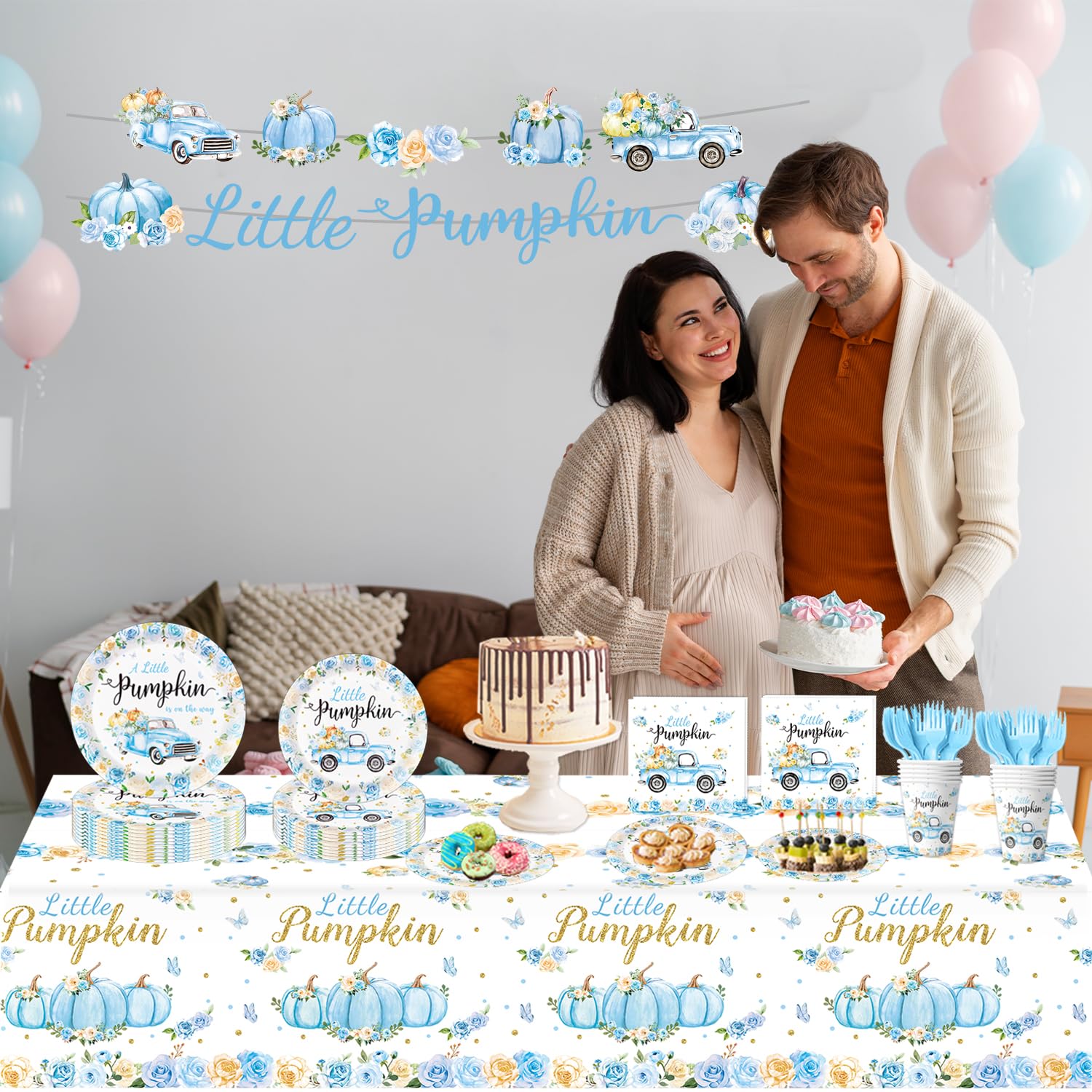 LINHAXM 3 Pack Blue Little Pumpkin Baby Shower Tablecloths - Fall Pumpkin Floral Plastic Table Cover for Baby Boy Shower Gender Reveal Decorations, 54 x 108 Inch