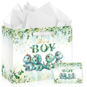 baby shower decoration gift bags for boys it's a boy dinosaur gift bag with greeting card and tissue paper for baby shower birthday wrapping paper bag for newborn dinosaur birthday party supplies