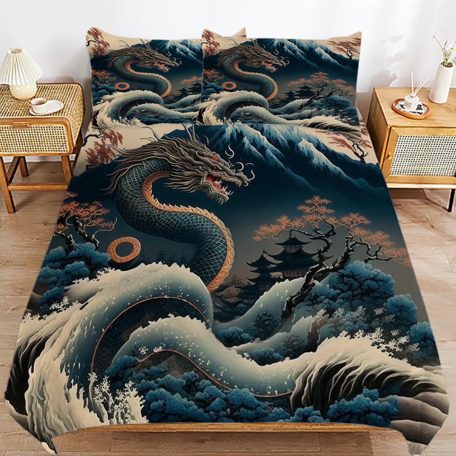 MSSHUKYTT Vintage Japanese Mount Fuji Duvet Cover Set 3 Piece Queen Size,Cool Dragon Nature Landscape Japan Great Wave Cabin Duvet Cover 2 Pillowcases(No Insert)