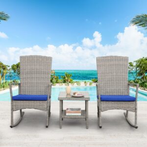 Rocking Chair Outdoor 3 Pieces High-Backed Patio Rocking Chairs Bistro Table and Chairs Set of 2 Outdoor Table and Chairs Anti-Slip Cushions, Dark Blue