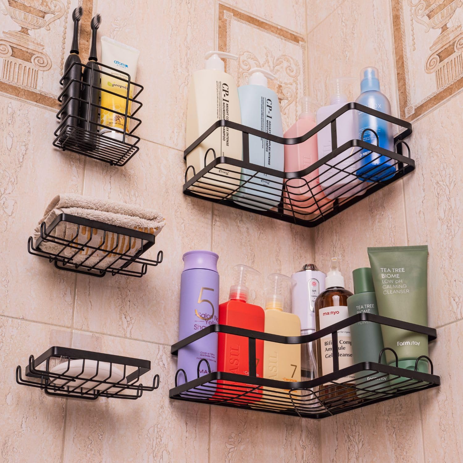 Corner Shower Caddy Adhesive 5-Pack - Black Shower Organizer with 16 Hooks | No-Drill, wall-mounted, Rustproof Storage Baskets for Bathroom, Large Capacity Shower Caddy, hanging shower caddy