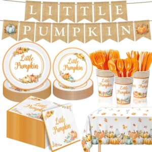 170pcs little pumpkin baby shower decorations plates, cups, napkins, banner, tablecloth and cutlery for fall a little pumpkin is on the way baby shower, serves 24