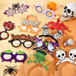 MotiMind 24 Pcs Halloween Glasses and Halloween Headbands Set Adult Halloween Funny Glasses Pumpkin Spider Bat Witch Ghost Paper Party Eyeglasses for Decoration Party Favor Accessories Supplies