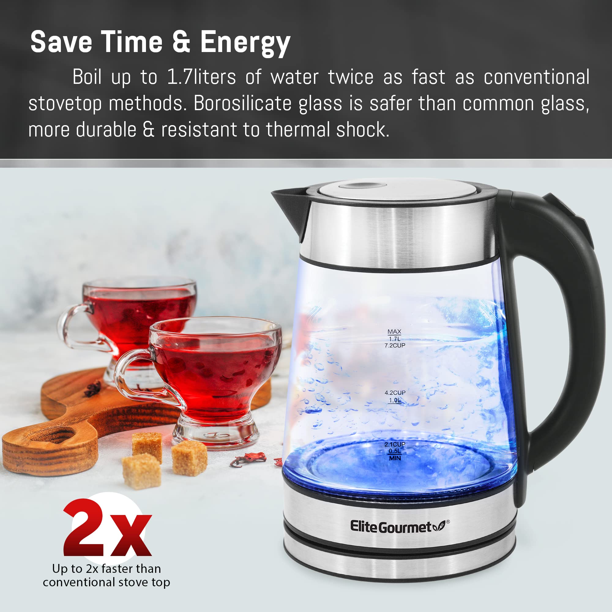 Elite Gourmet EKT602X Glass Electric Tea Kettle Hot Water Heater Boiler BPA-Free with Blue LED Interior, Fast Boil and Auto Shut-Off, Strix Controller, 1.7L, Stainless Steel