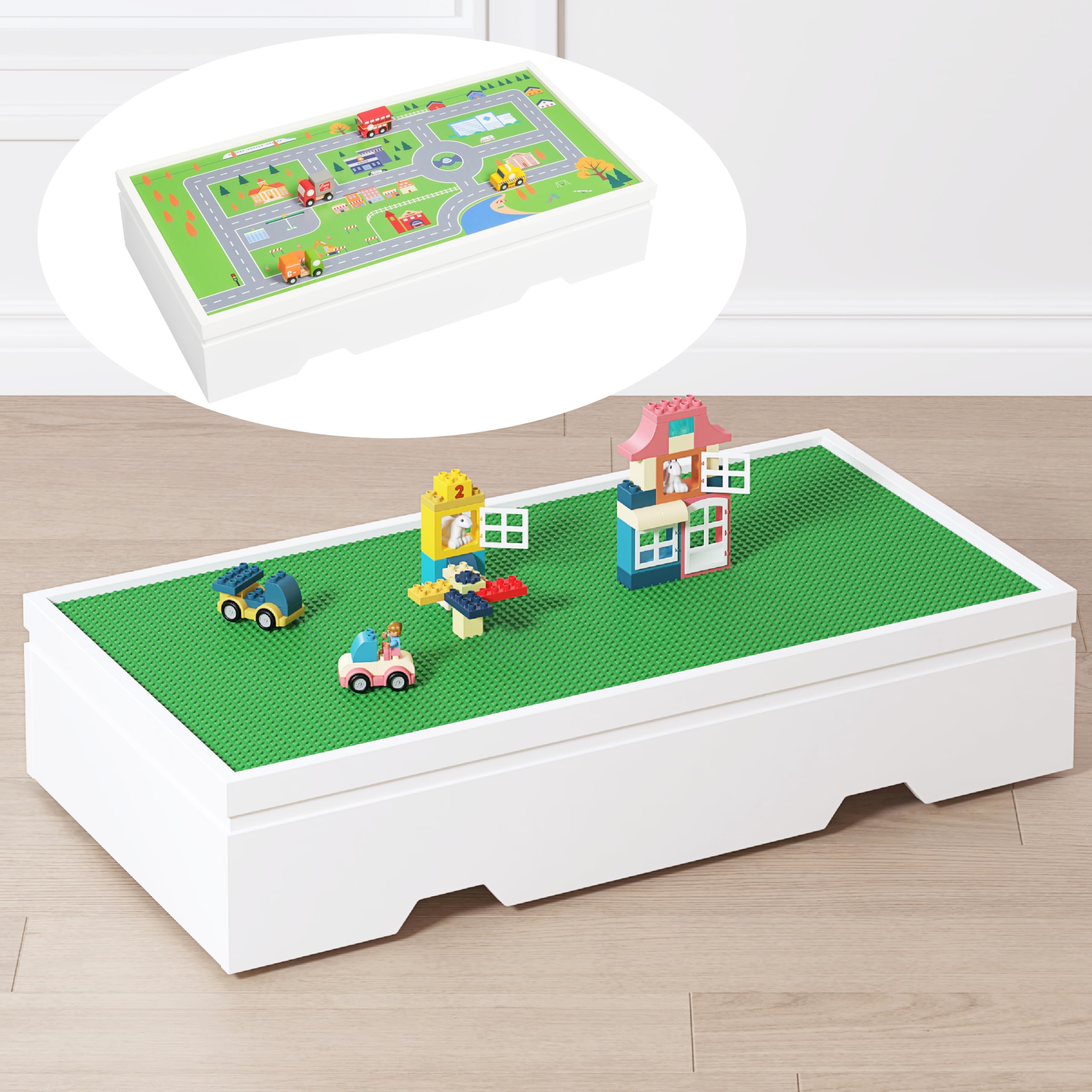 UTEX 3 in 1 Construction Play Table Compatible with Lego, Wooden Train Table, Rolling Kids Activity Play Table with Storage and Wheels, Reversible Table Top Store Under Beds or Sofas