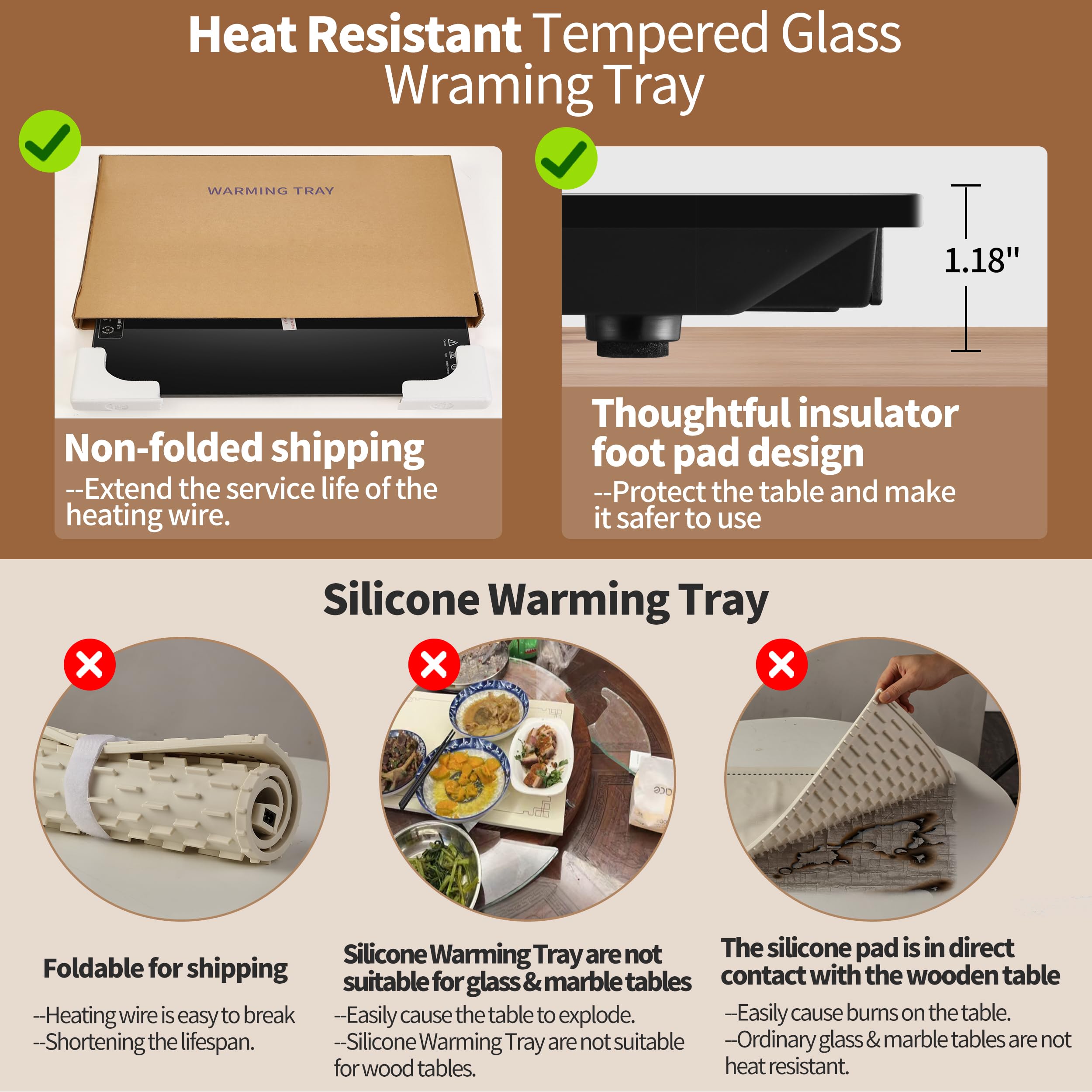 Electric Warming Tray（Large 22"x14"），Food Warmer with Thermostat and Full Surface Heating，Food Warming Mat with 2 Temperature Modes for Parties Buffet，Gatherings，Gold Edge Handles Warming Mat for Food