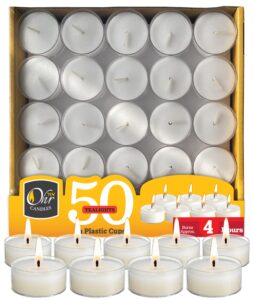 ohr tealight candles in clear cup - 50 pack bulk tea lights candles - white tealights unscented - 4 hour burn time