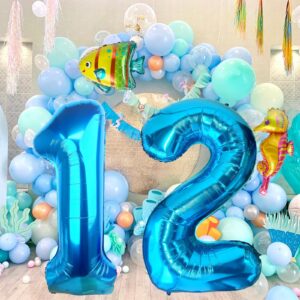 40 Inch Under the Sea Blue Number 1 Balloon, Mini Sea Animal Balloons Ocean Animal Foil Balloon, Seahorse Fish Balloons for Boys Girls Sea Theme 1st Birthday Baby Shower Party Decoration