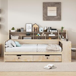 RuiSiSi Full Size Daybed with Bookcase & Drawers, Solid Wood Daybed with Desk and Storage Headboard, Multi-Function Full Bed Frame with Storage Drawers for Kids Teens Adults, Natural