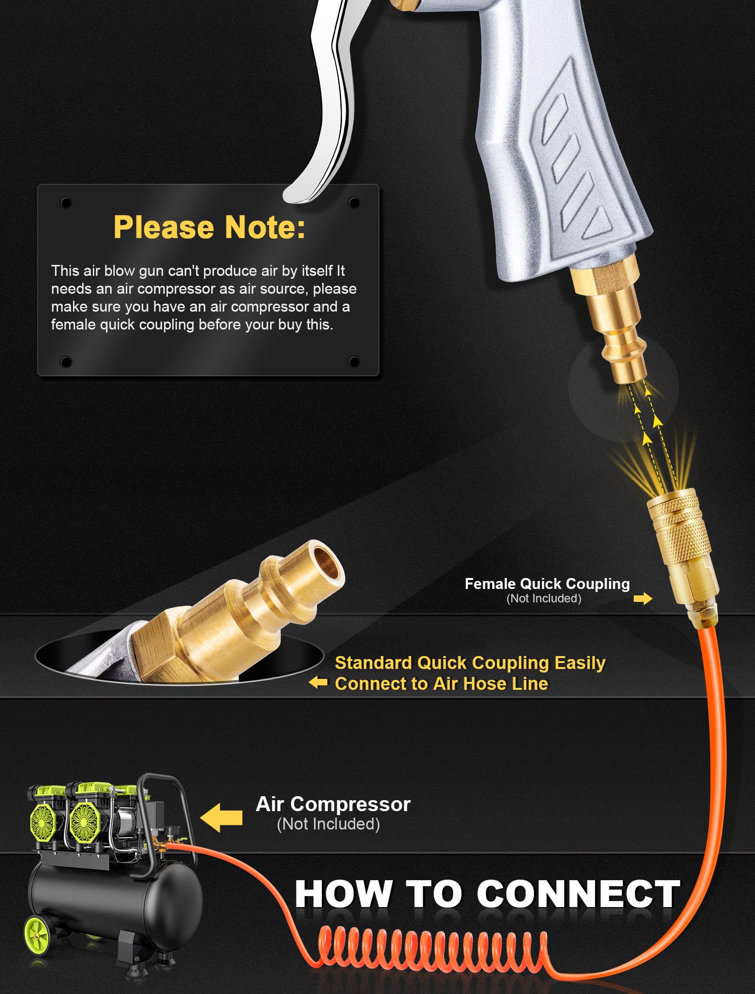 JASTIND Industrial Air Blow Gun with Brass Adjustable Air Nozzle, 8-14 Inch Extension with 2 Steel Air Flow Nozzle, High Volume Air Tool Dust Blower Gun for Air Compressor Attachments